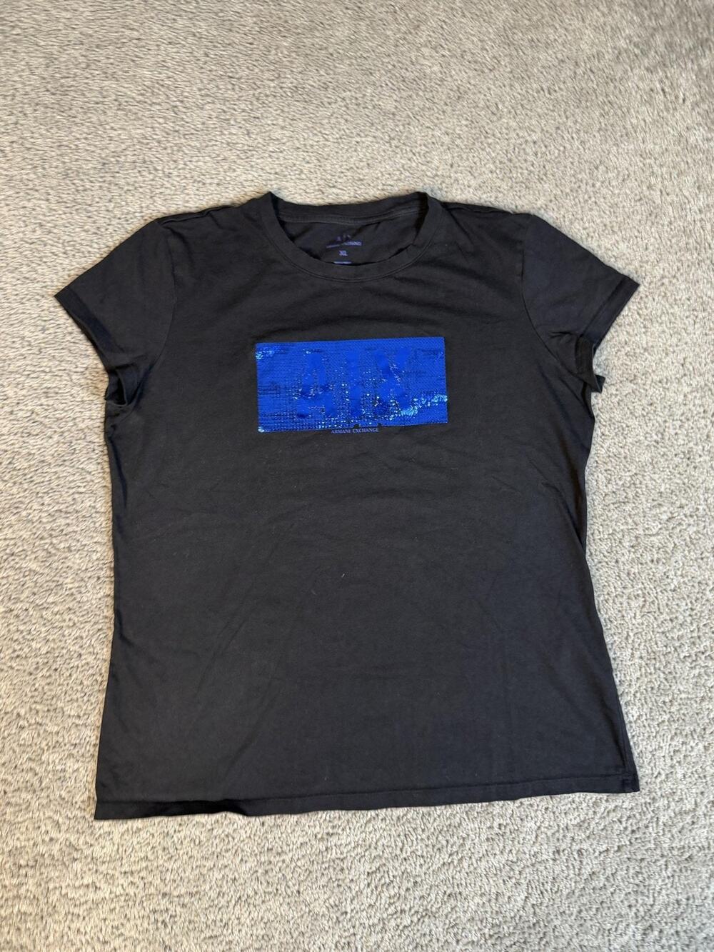 Armani Exchange Shirt Girls XL Black Sequin Crew Neck Slim Basic Cotton Jersey